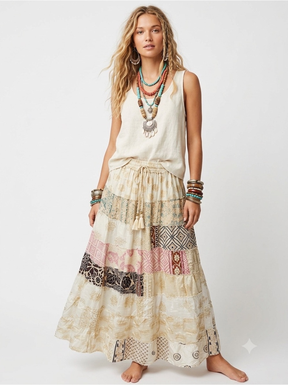 38. Boho Patchwork Sari Silk Maxi Skirt Festival Hippie Gypsy One Size India